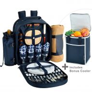Picnic at Ascot Original Equipped Backpack for 4 with Blanket - Extra Bonus Cooler - Designed & Assembled in California - Trellis Blue