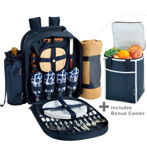  Picnic at Ascot Original Equipped Backpack for 4 with Blanket - Extra Bonus Cooler - Designed & Assembled in California - Trellis Blue