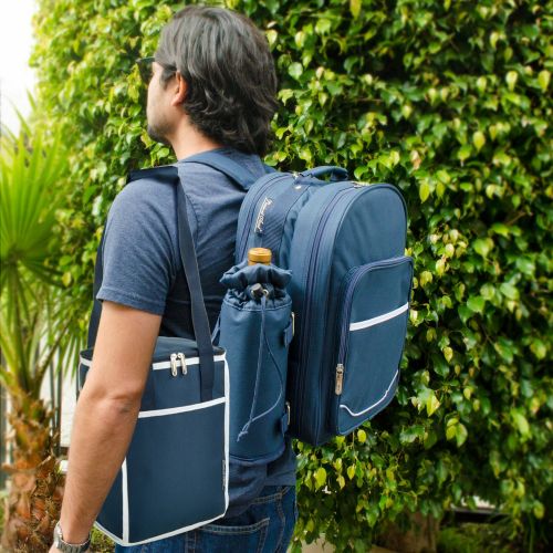  Picnic at Ascot Original Equipped Backpack for 4 with Blanket - Extra Bonus Cooler - Designed & Assembled in California - Trellis Blue