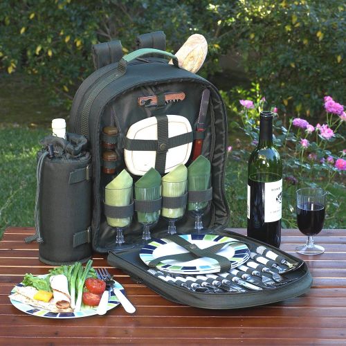  Picnic at Ascot - Deluxe Equipped 4 Person Picnic Backpack with Cooler & Insulated Wine Holder - Black