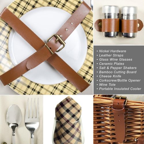  Picnic at Ascot Dorset English-Style Willow Picnic Basket with Service for 4 - London Plaid