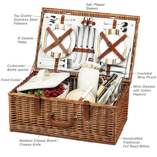  Picnic at Ascot Dorset English-Style Willow Picnic Basket with Service for 4 - London Plaid