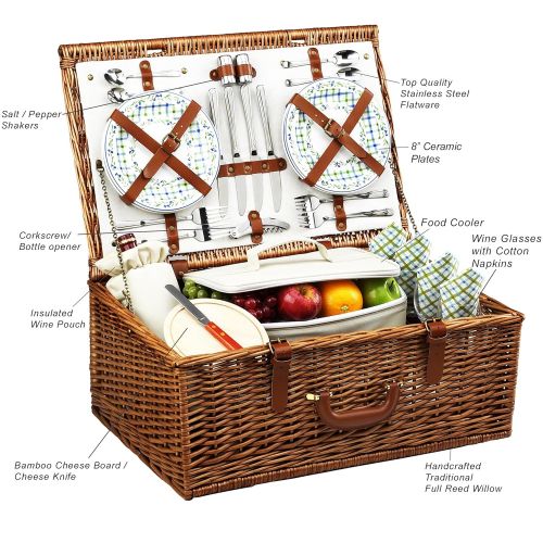  Picnic at Ascot Dorset English-Style Willow Picnic Basket with Service for 4 - London Plaid