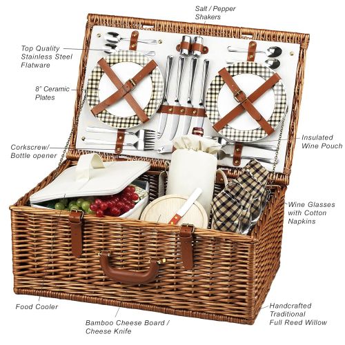  Picnic at Ascot Dorset English-Style Willow Picnic Basket with Service for 4 - London Plaid