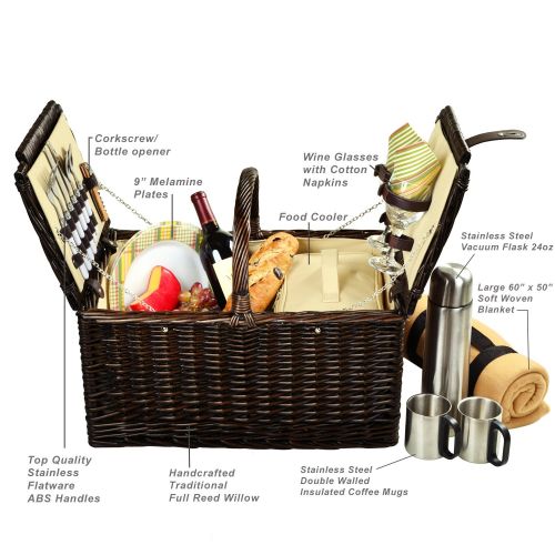  Picnic at Ascot Surrey Willow Picnic Basket with Service for 2 with Blanket and Coffee Set- Designed, Assembled & Quality Approved in the USA