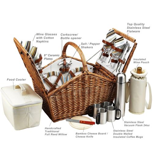  Picnic at Ascot Huntsman English-Style Willow Picnic Basket with Service for 4 and Coffee Set - Santa Cruz