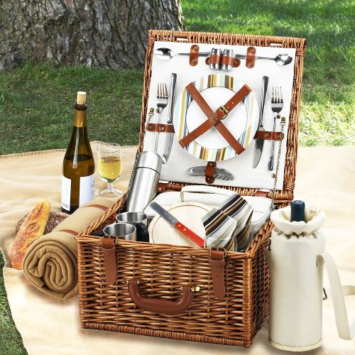  Picnic at Ascot Cheshire English-Style Willow Picnic Basket with Service for 2, Coffee Set and Blanket - London Plaid