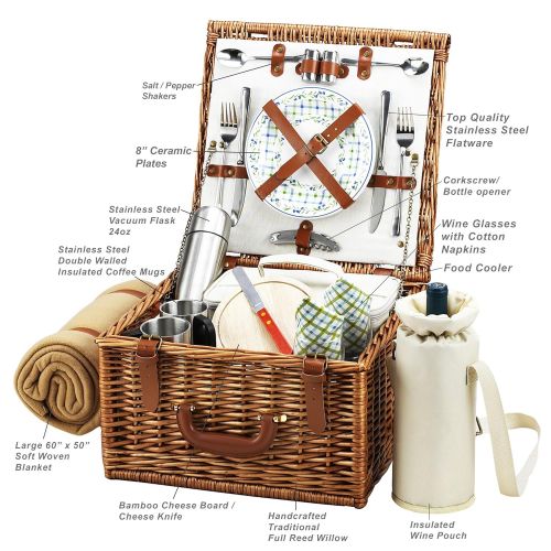  Picnic at Ascot Cheshire English-Style Willow Picnic Basket with Service for 2, Coffee Set and Blanket - London Plaid