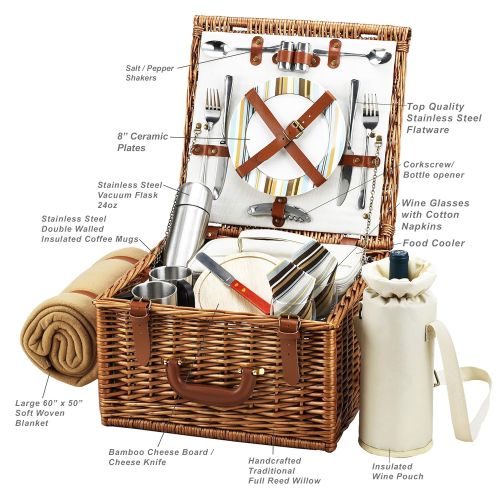  Picnic at Ascot Cheshire English-Style Willow Picnic Basket with Service for 2, Coffee Set and Blanket - London Plaid
