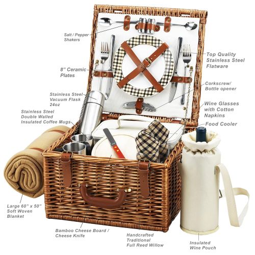  Picnic at Ascot Cheshire English-Style Willow Picnic Basket with Service for 2, Coffee Set and Blanket - London Plaid