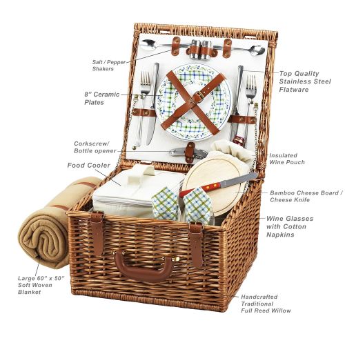  Picnic at Ascot Original Cheshire English-Style Willow Picnic Basket with Service for 2 and Blanket- Designed, Assembled & Quality Approved in the USA