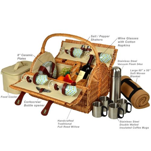  Picnic at Ascot Yorkshire Willow Picnic Basket with Service for 4 with Blanket- Designed, Assembled & Quality Approved in the USA