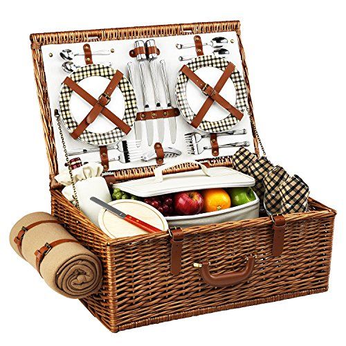  Picnic at Ascot Original Dorset English-Style Willow Picnic Basket with Service for 4 and Blanket- Designed, Assembled & Quality Approved in the USA