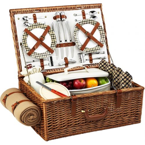  Picnic at Ascot Original Dorset English-Style Willow Picnic Basket with Service for 4 and Blanket- Designed, Assembled & Quality Approved in the USA