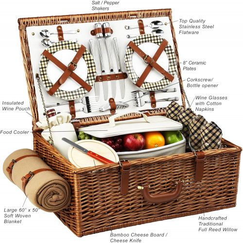  Picnic at Ascot Original Dorset English-Style Willow Picnic Basket with Service for 4 and Blanket- Designed, Assembled & Quality Approved in the USA