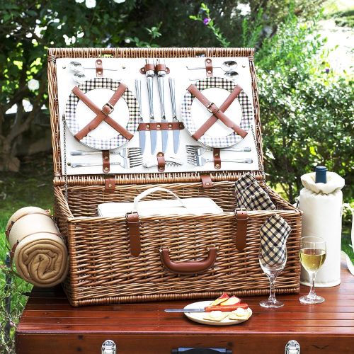  Picnic at Ascot Original Dorset English-Style Willow Picnic Basket with Service for 4 and Blanket- Designed, Assembled & Quality Approved in the USA