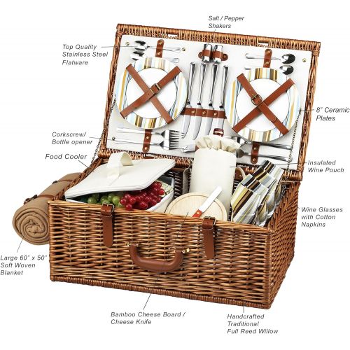  Picnic at Ascot Original Dorset English-Style Willow Picnic Basket with Service for 4 and Blanket- Designed, Assembled & Quality Approved in the USA