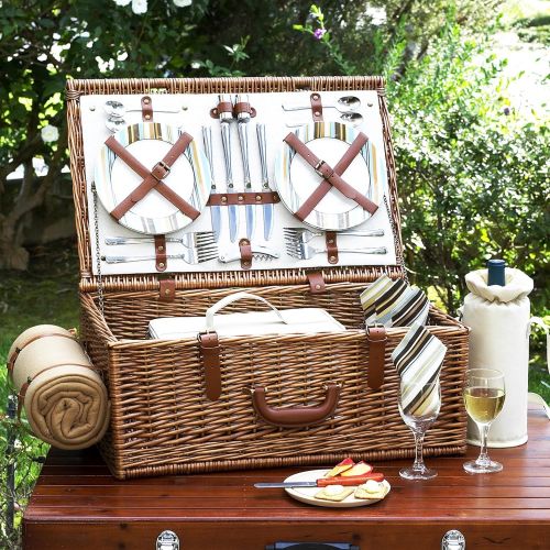  Picnic at Ascot Original Dorset English-Style Willow Picnic Basket with Service for 4 and Blanket- Designed, Assembled & Quality Approved in the USA