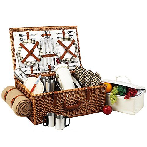  Picnic at Ascot Dorset English-Style Willow Picnic Basket with Service for 4, Coffee Set and Blanket- Designed, Assembled & Quality Approved in the USA