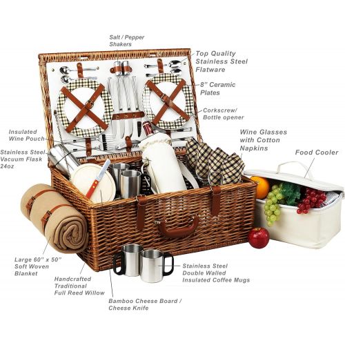  Picnic at Ascot Dorset English-Style Willow Picnic Basket with Service for 4, Coffee Set and Blanket- Designed, Assembled & Quality Approved in the USA