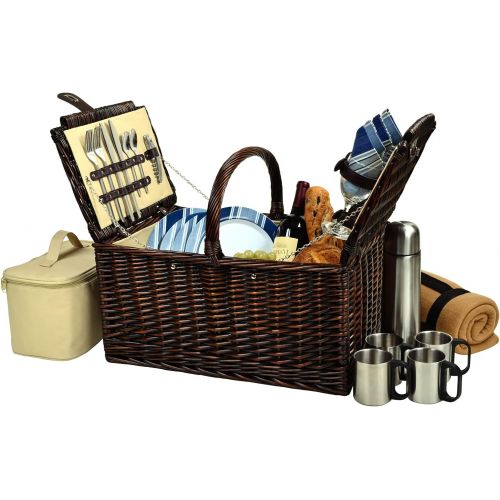  Picnic at Ascot Buckingham Willow Picnic Basket with Service for 4 with Blanket and Coffee Service - Blue Stripe