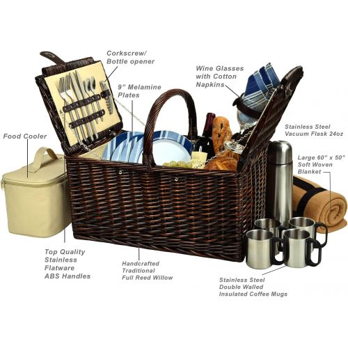  Picnic at Ascot Buckingham Willow Picnic Basket with Service for 4 with Blanket and Coffee Service - Blue Stripe