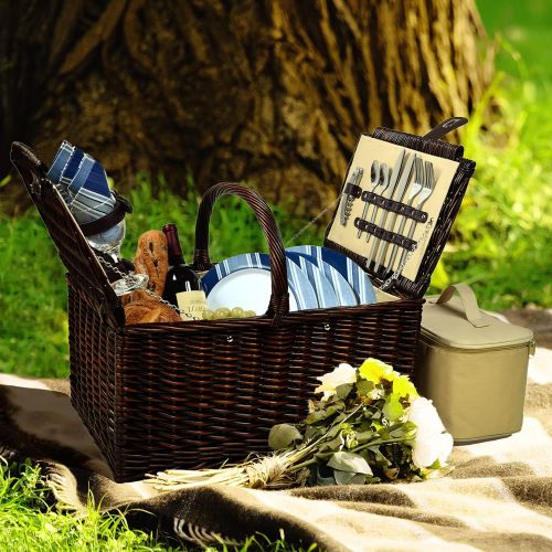  Picnic at Ascot Buckingham Willow Picnic Basket with Service for 4 with Blanket and Coffee Service - Blue Stripe