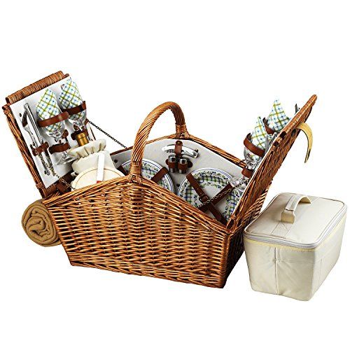  Picnic at Ascot Huntsman English-Style Willow Picnic Basket with Service for 4 and Blanket- Designed, Assembled & Quality Approved in the USA