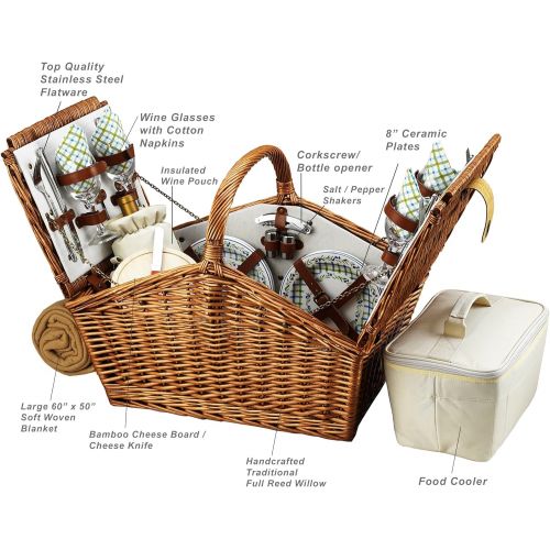  Picnic at Ascot Huntsman English-Style Willow Picnic Basket with Service for 4 and Blanket- Designed, Assembled & Quality Approved in the USA