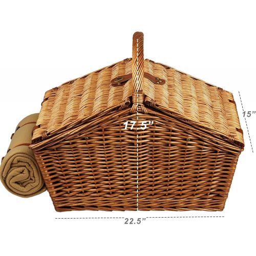  Picnic at Ascot Huntsman English-Style Willow Picnic Basket with Service for 4 and Blanket- Designed, Assembled & Quality Approved in the USA