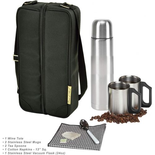  Picnic at Ascot Travel Coffee Tote for 2 Including Stainless Vacuum Flask, Cups, Creamer and Teaspoons- Designed & Assembled in the USA