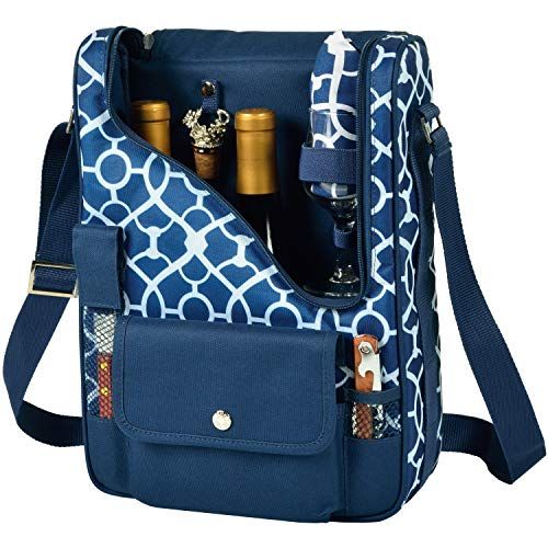  Picnic at Ascot - Wine Carrier Deluxe with Glass Wine Glasses and Accessories for Two, Trellis Blue