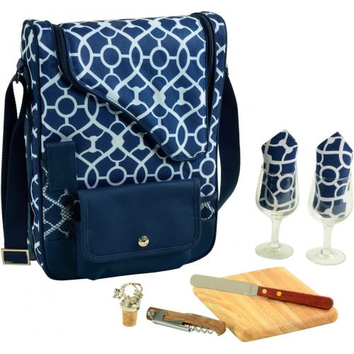  Picnic at Ascot - Wine Carrier Deluxe with Glass Wine Glasses and Accessories for Two, Trellis Blue