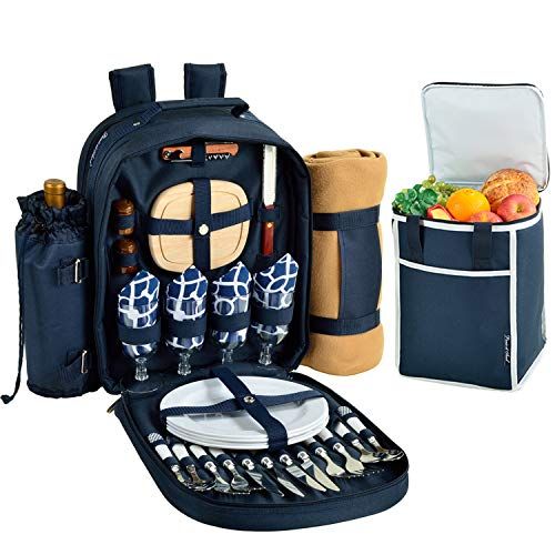  Picnic at Ascot Original Equipped Backpack for 4 with Blanket - Extra Bonus Cooler - Designed & Assembled in California - Trellis Blue