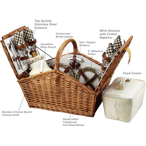  Picnic at Ascot Huntsman English-Style Willow Picnic Basket with Service for 4 - London Plaid