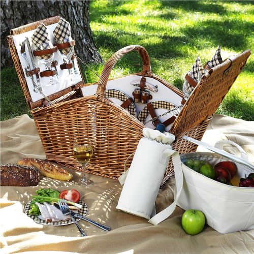  Picnic at Ascot Huntsman English-Style Willow Picnic Basket with Service for 4 - London Plaid