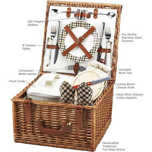  Picnic at Ascot Cheshire English-Style Willow Picnic Basket with Service for 2 - London Plaid