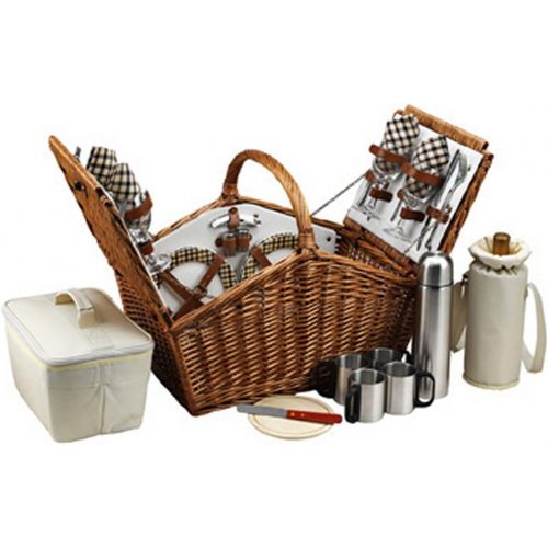  Picnic at Ascot Huntsman English-Style Willow Picnic Basket with Service for 4 and Coffee Set - London Plaid