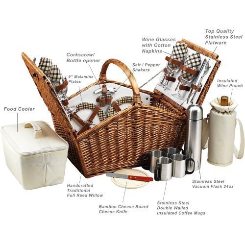  Picnic at Ascot Huntsman English-Style Willow Picnic Basket with Service for 4 and Coffee Set - London Plaid