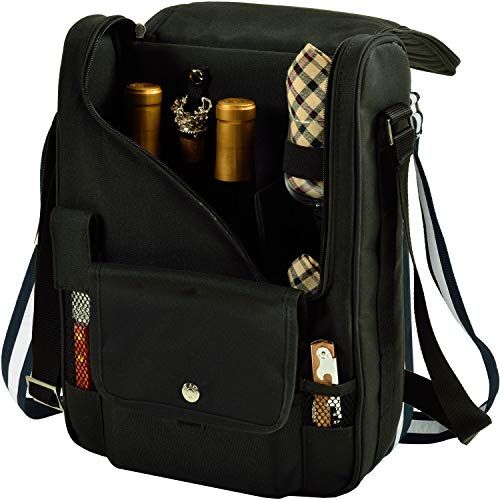  Picnic at Ascot - Wine Carrier Deluxe with Glass Wine Glasses and Accessories for Two, Black/Plaid