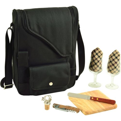  Picnic at Ascot - Wine Carrier Deluxe with Glass Wine Glasses and Accessories for Two, Black/Plaid