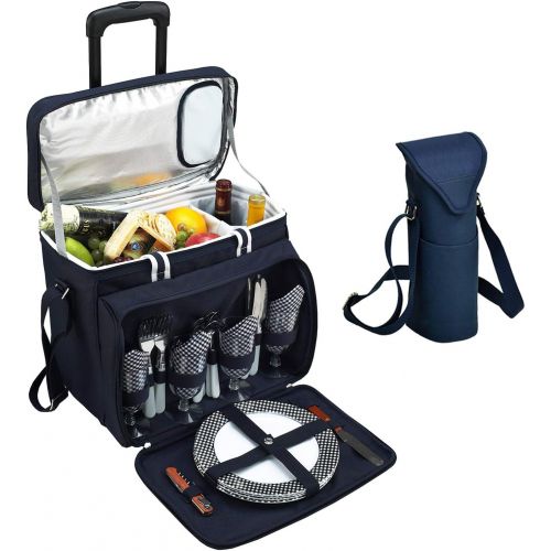  Picnic at Ascot Original Equipped Cooler on Wheels for 4 - Extra Wine Tote - Designed and Assembled in California - Navy