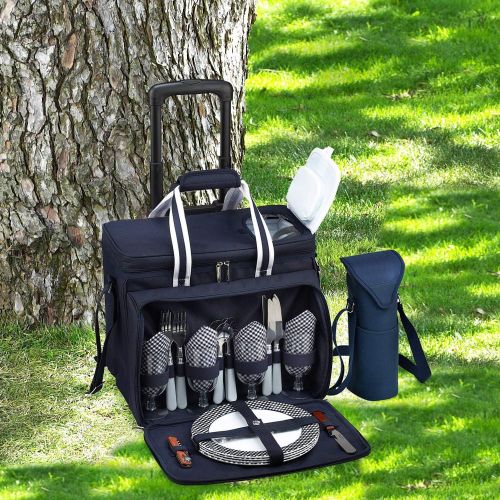  Picnic at Ascot Original Equipped Cooler on Wheels for 4 - Extra Wine Tote - Designed and Assembled in California - Navy