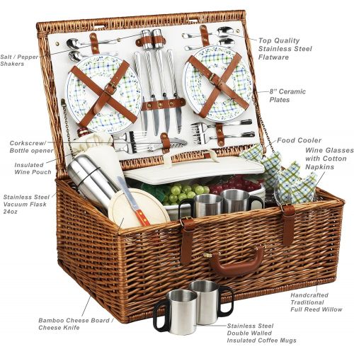  Picnic at Ascot Dorset English-Style Willow Picnic Basket with Service for 4 and Coffee Set - Gazebo