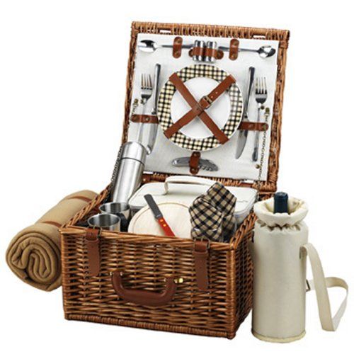  Picnic at Ascot Cheshire English-Style Willow Picnic Basket with Service for 2, Coffee Set and Blanket - London Plaid