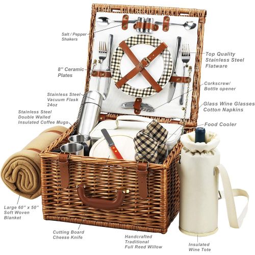  Picnic at Ascot Cheshire English-Style Willow Picnic Basket with Service for 2, Coffee Set and Blanket - London Plaid