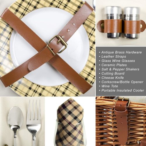  Picnic at Ascot Cheshire English-Style Willow Picnic Basket with Service for 2, Coffee Set and Blanket - London Plaid