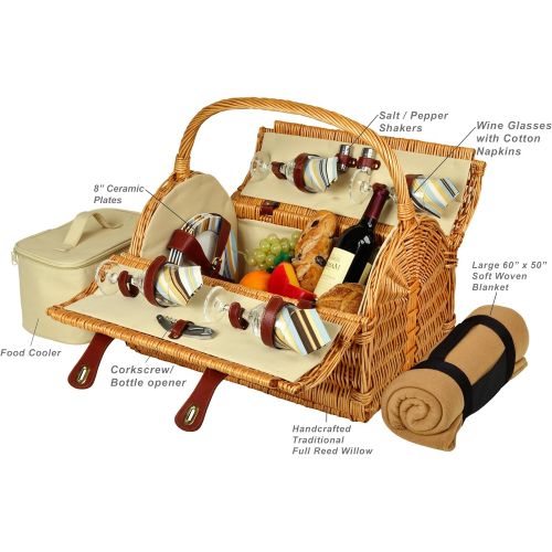  Picnic at Ascot Yorkshire Willow Picnic Basket with Service for 4 with Blanket - London Plaid