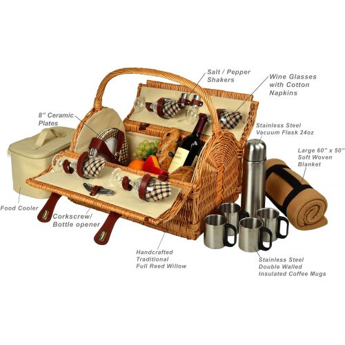  Picnic at Ascot Yorkshire Willow Picnic Basket with Service for 4 with Blanket and Coffee Set