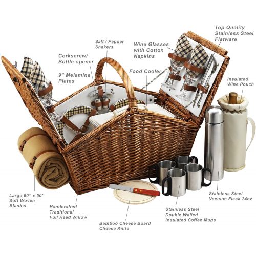  Picnic at Ascot Huntsman English-Style Willow Picnic Basket with Service for 4, Coffee Set and Blanket- Designed, Assembled & Quality Approved in the USA